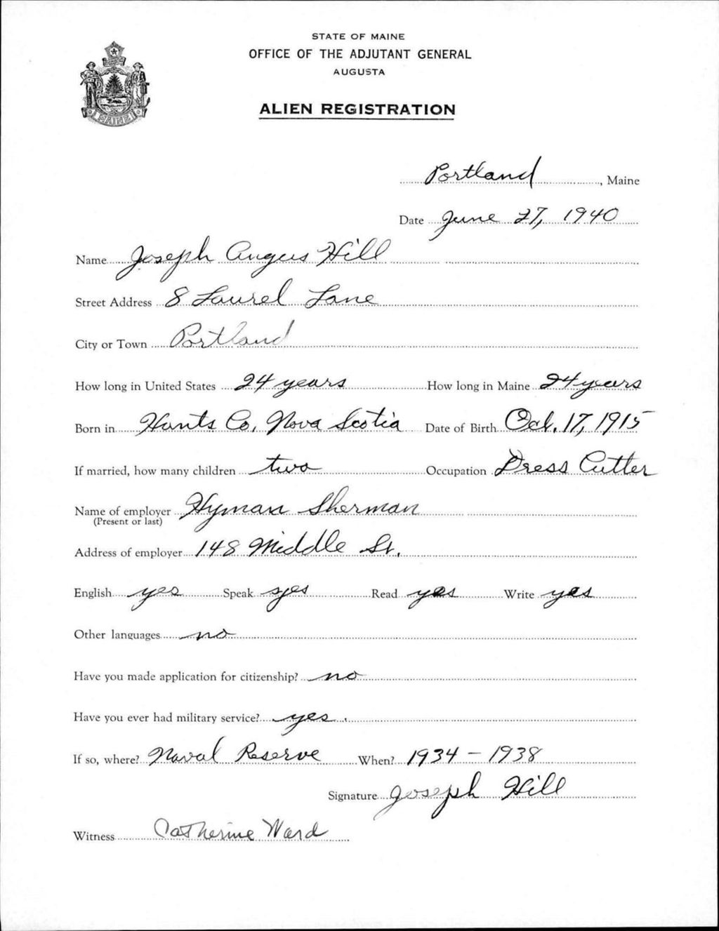 Miniature of Alien Registration- Hill, Joseph A. (Portland, Cumberland County)