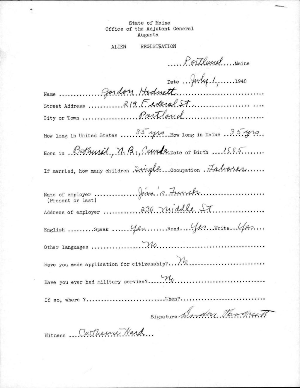 Miniature of Alien Registration- Hodnett, Gordon (Portland, Cumberland County)
