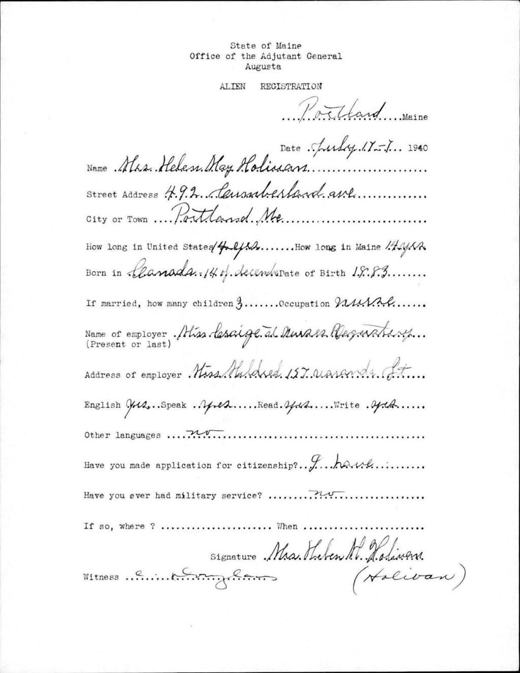 Miniature of Alien Registration- Holinan, Helen M. (Portland, Cumberland County)