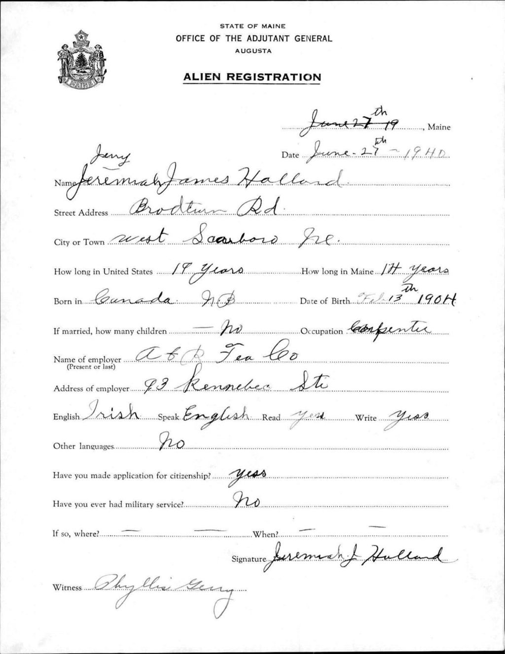 Miniature of Alien Registration- Holland, Jeremiah J. (Portland, Cumberland County)