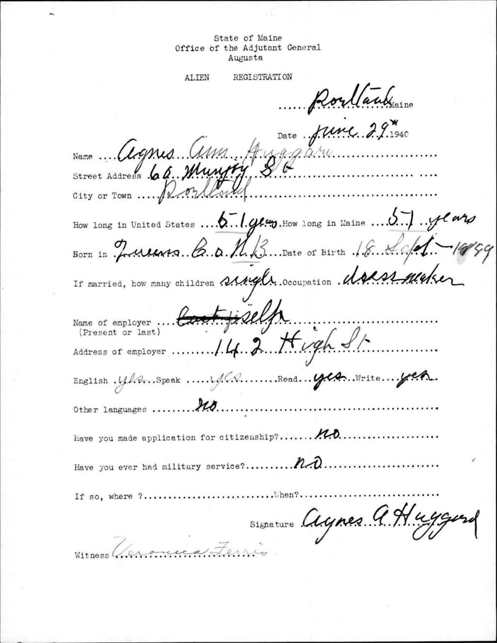 Miniature of Alien Registration- Huggard, Agnes A. (Portland, Cumberland County)