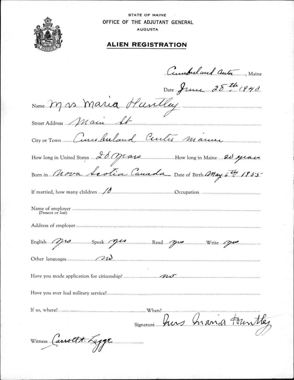Miniature of Alien Registration- Huntley, Maria (Portland, Cumberland County)
