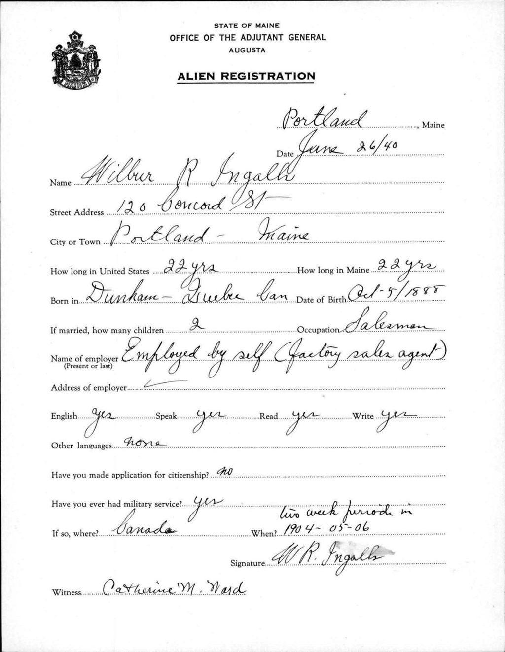 Miniature of Alien Registration- Ingalls, Wilbur R. (Portland, Cumberland County)