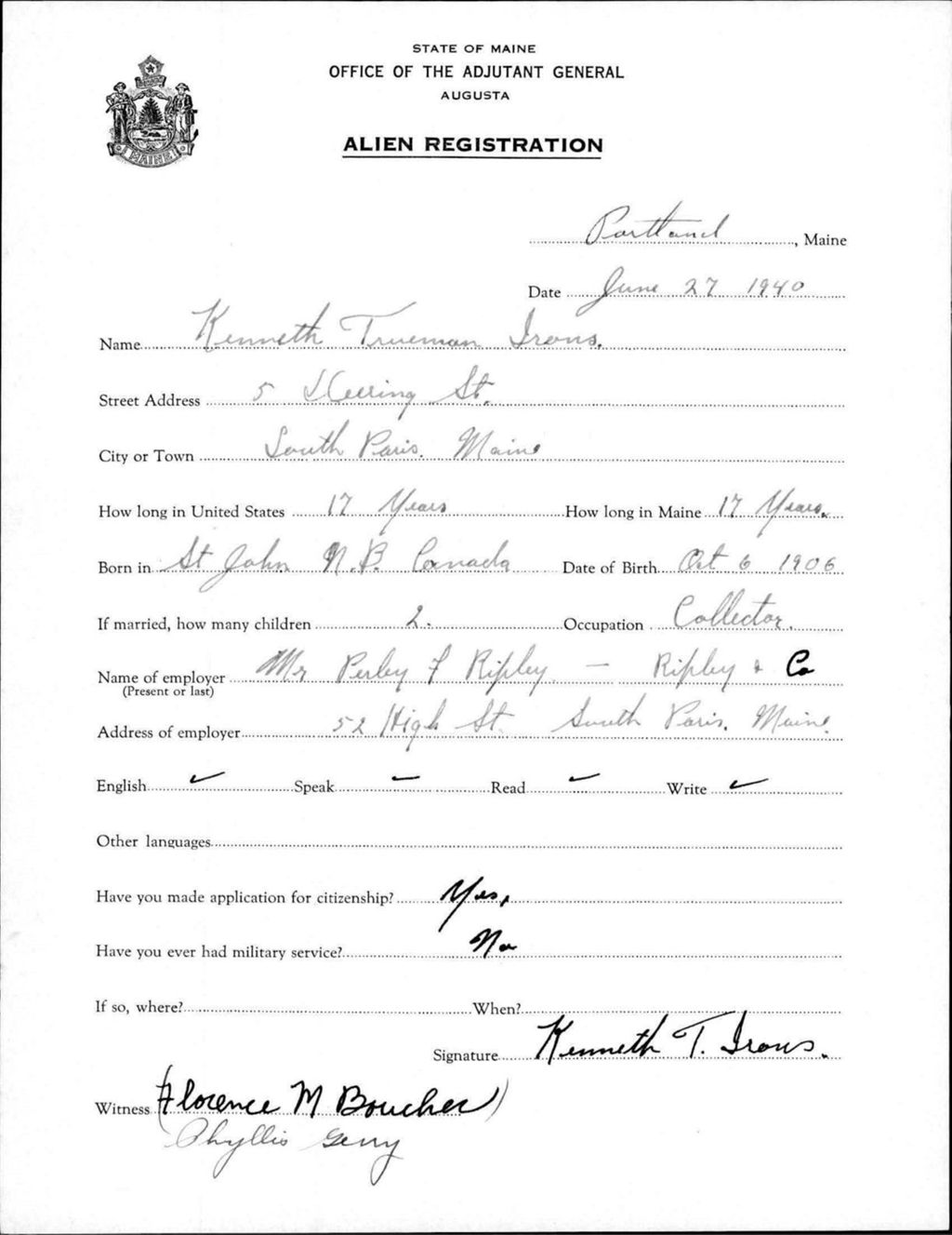 Miniature of Alien Registration- Irons, Kenneth T. (Portland, Cumberland County)