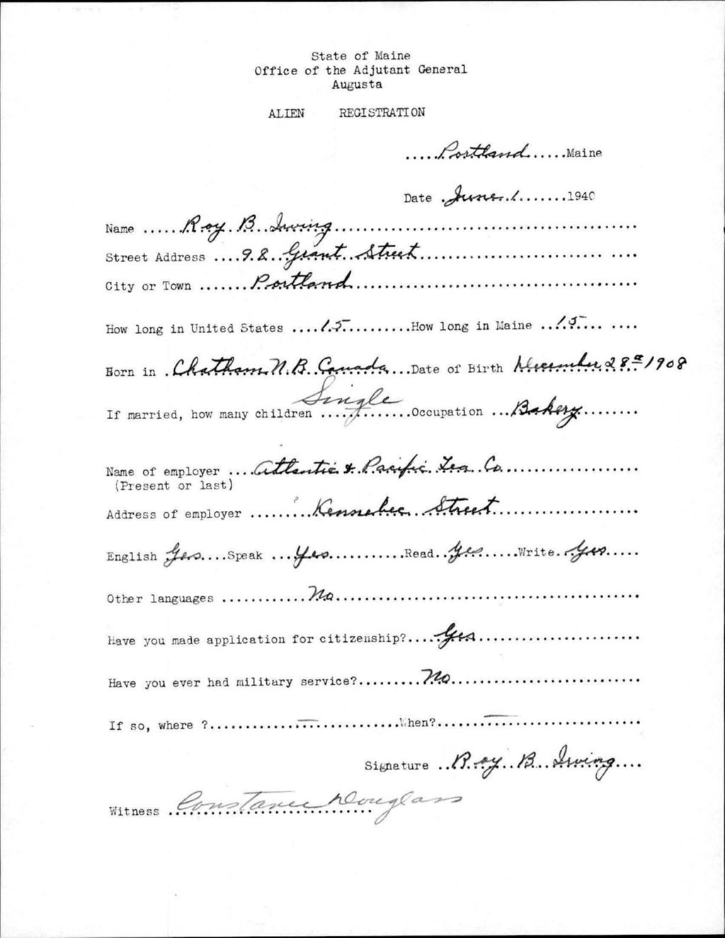 Miniature of Alien Registration- Irving, Roy B. (Portland, Cumberland County)