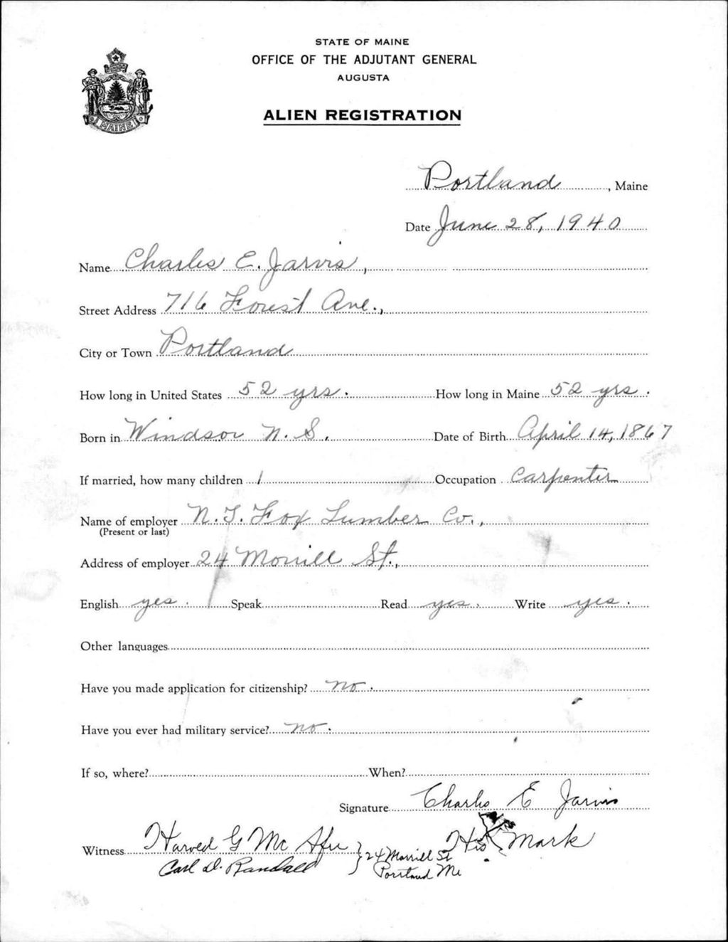 Miniature of Alien Registration- Jarvis, Charles E. (Portland, Cumberland County)