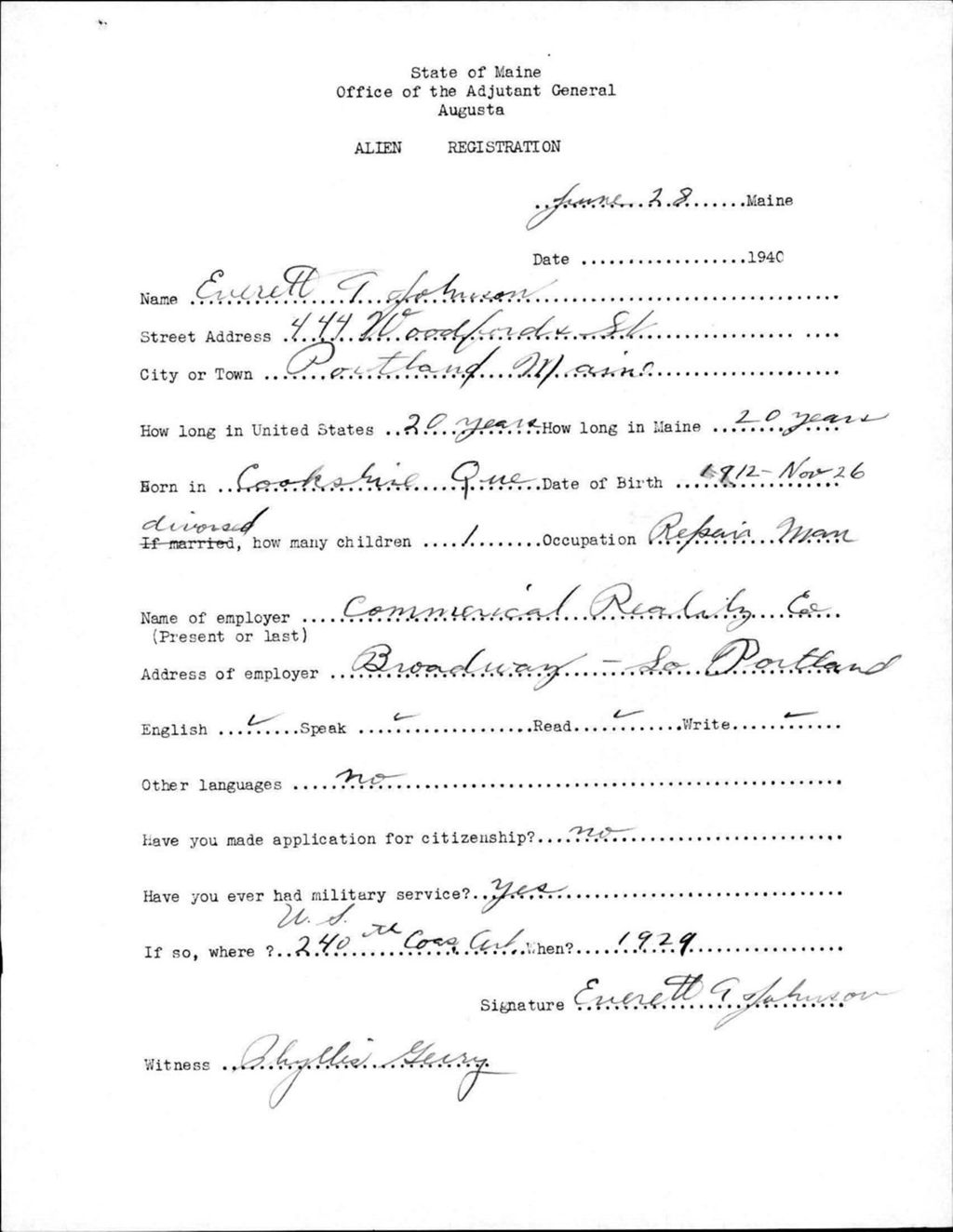 Miniature of Alien Registration- Johnson, Everett A. (Portland, Cumberland County)