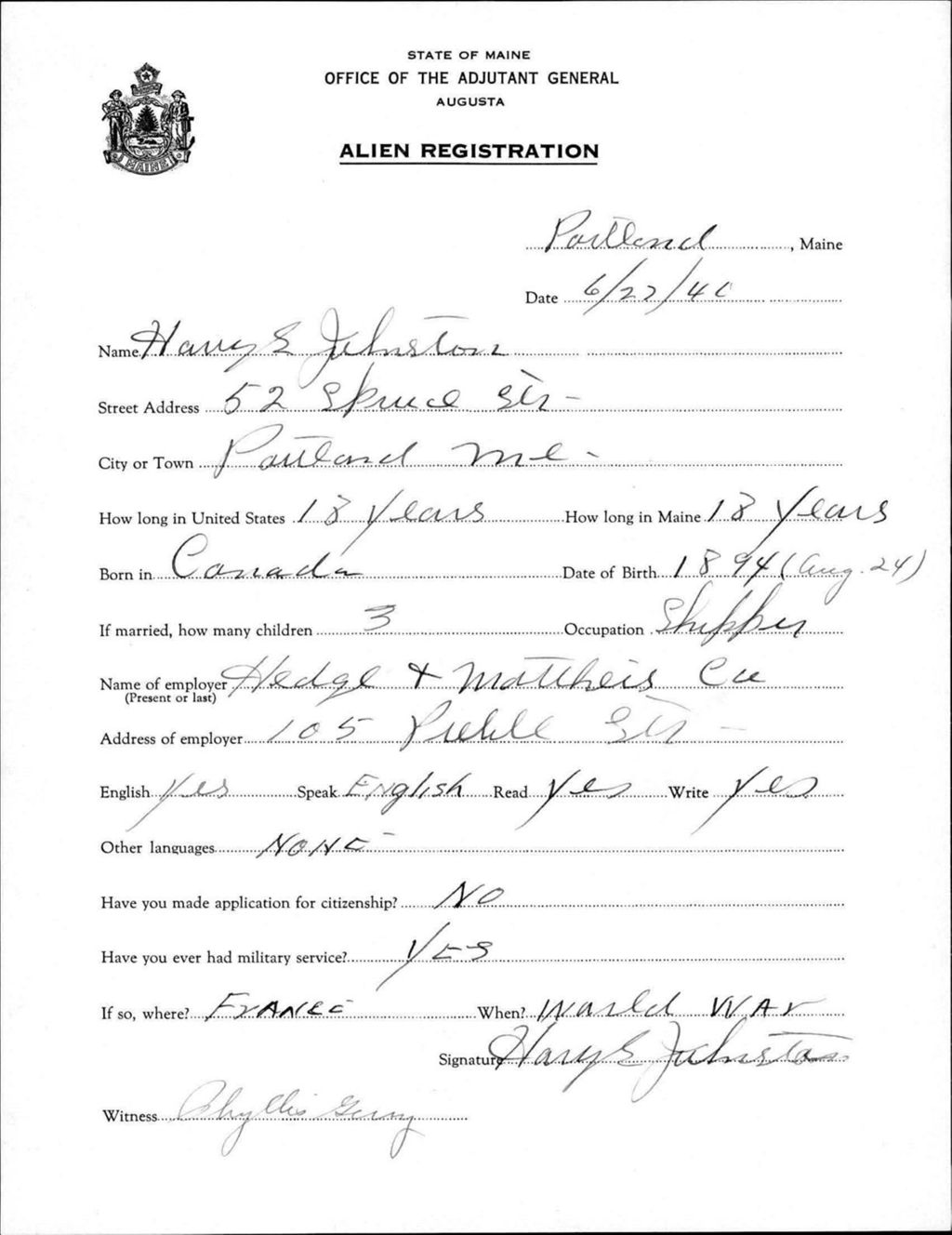 Miniature of Alien Registration- Johnston, Harry E. (Portland, Cumberland County)