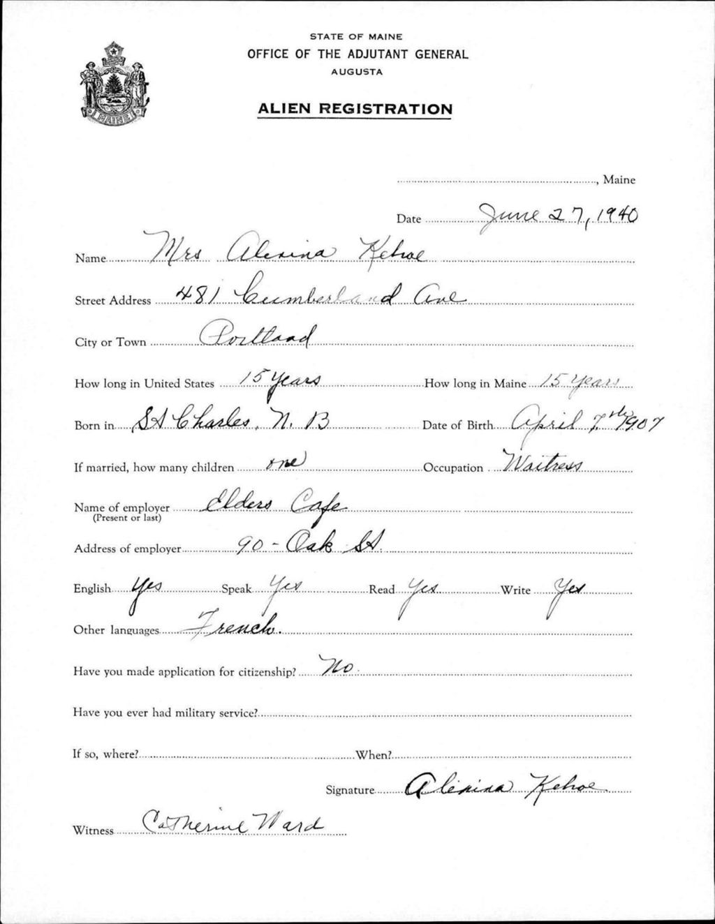 Miniature of Alien Registration- Kehoe, Alexina (Portland, Cumberland County)