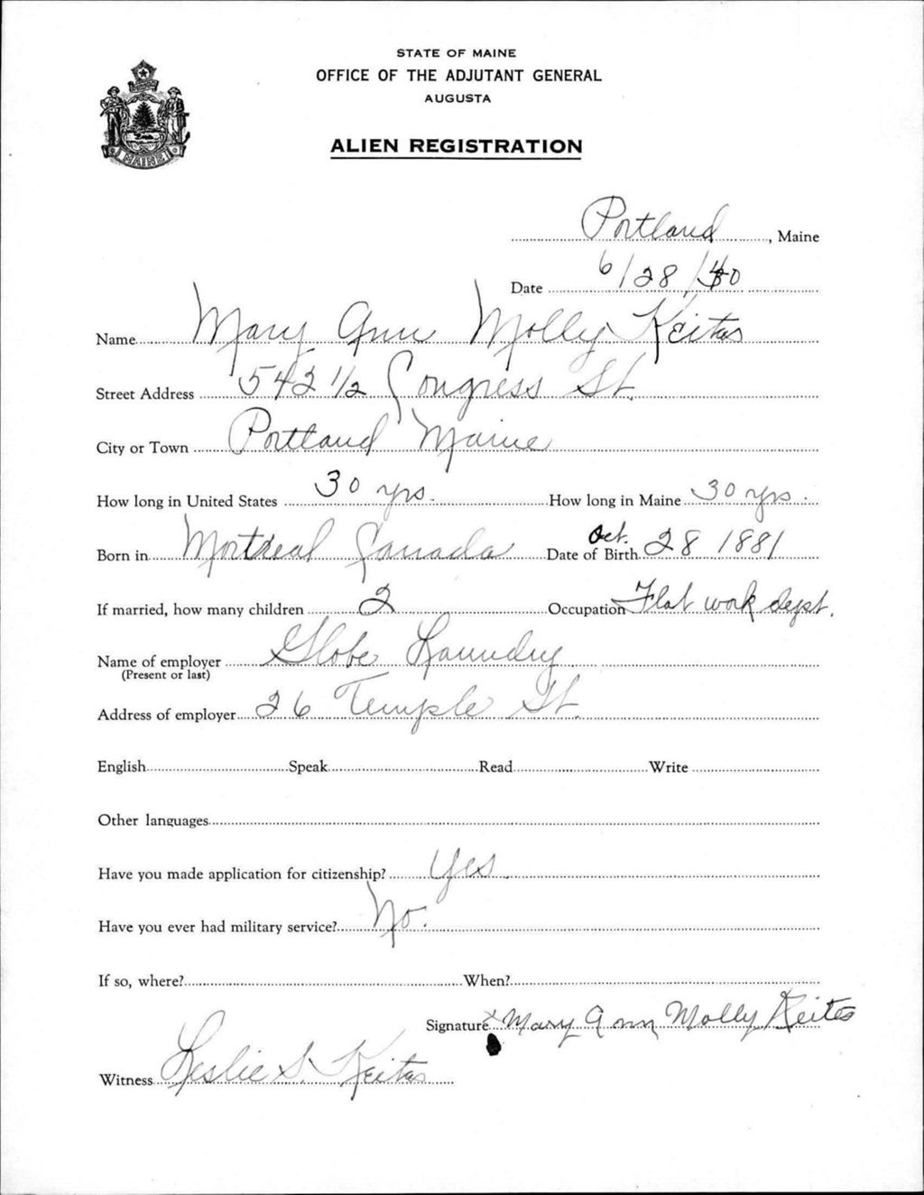 Miniature of Alien Registration- Keites, Mary Ann M. (Portland, Cumberland County)