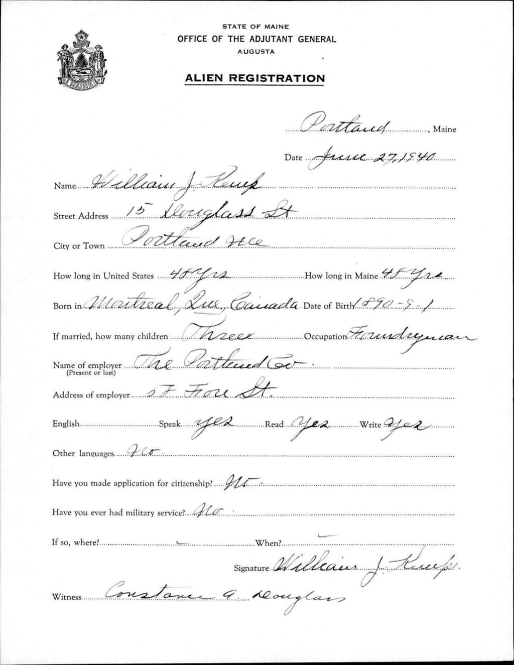 Miniature of Alien Registration- Kemp, William J. (Portland, Cumberland County)