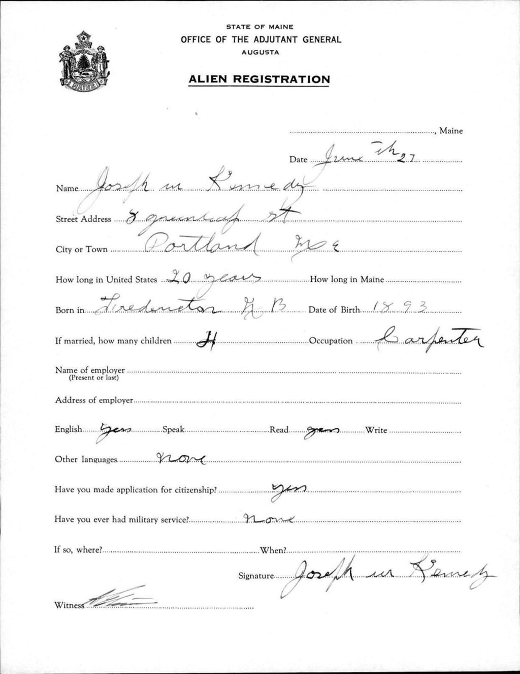 Miniature of Alien Registration- Kennedy, Joseph M. (Portland, Cumberland County)