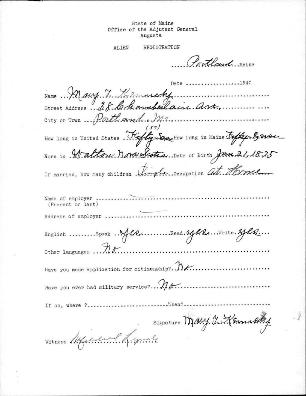 Miniature of Alien Registration- Kennedy, Mary T. (Portland, Cumberland County)