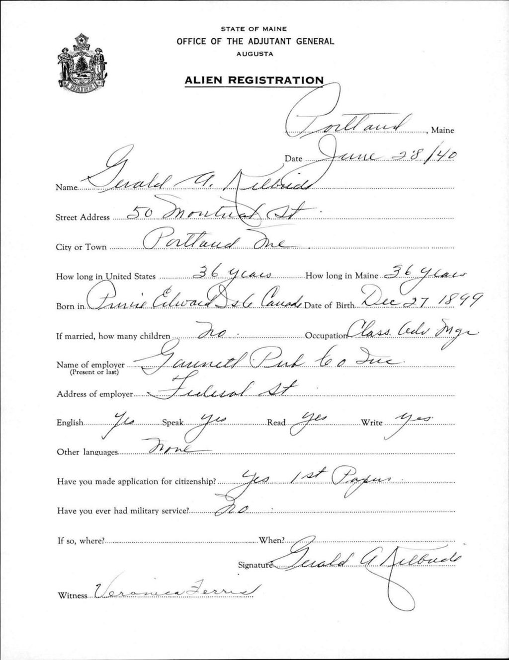 Miniature of Alien Registration- Kilbride, Gerald A. (Portland, Cumberland County)