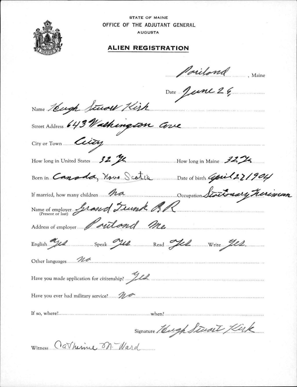 Miniature of Alien Registration- Kirk, Hugh S. (Portland, Cumberland County)