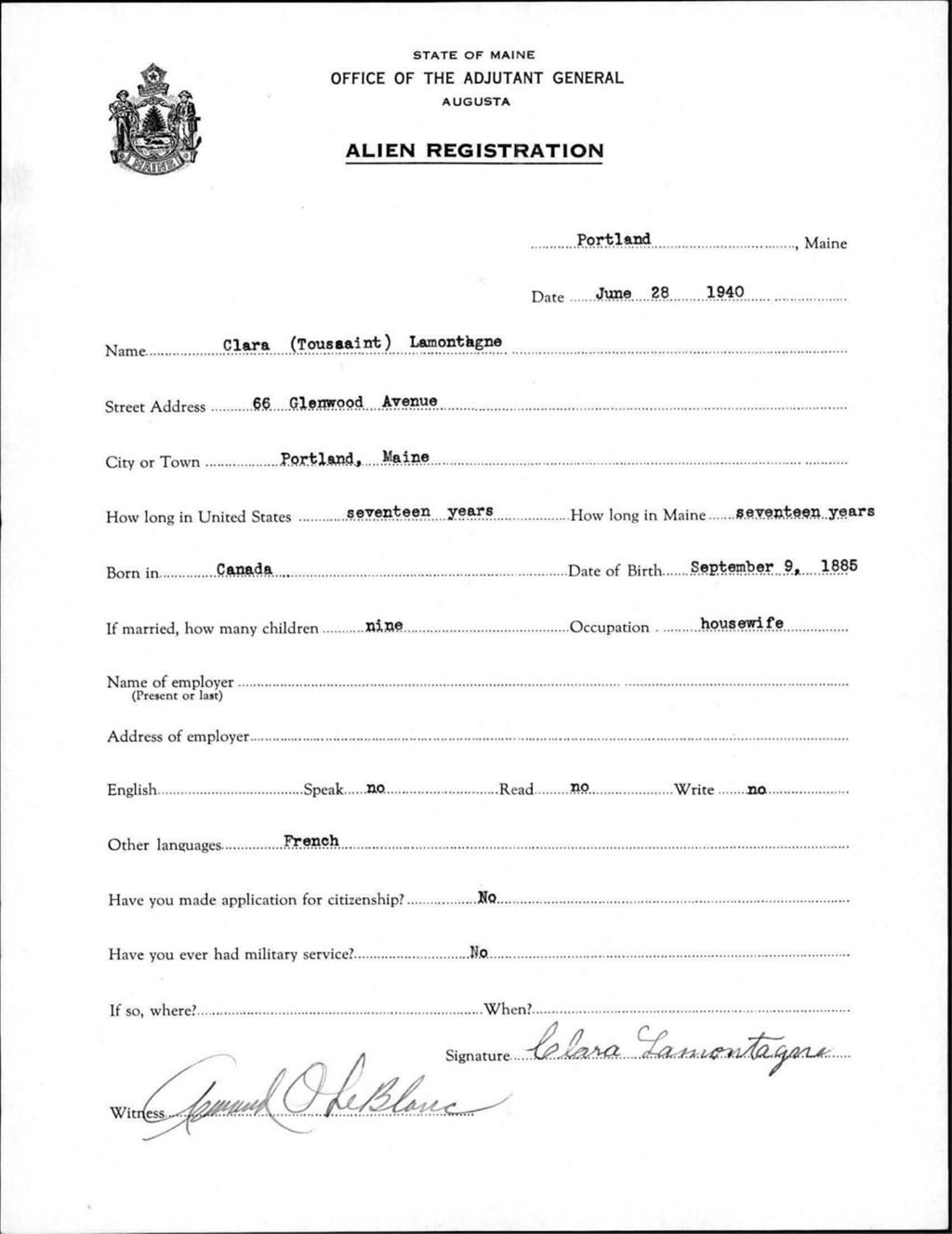 Miniature of Alien Registration- Toussaint, Clara (Portland, Cumberland County)