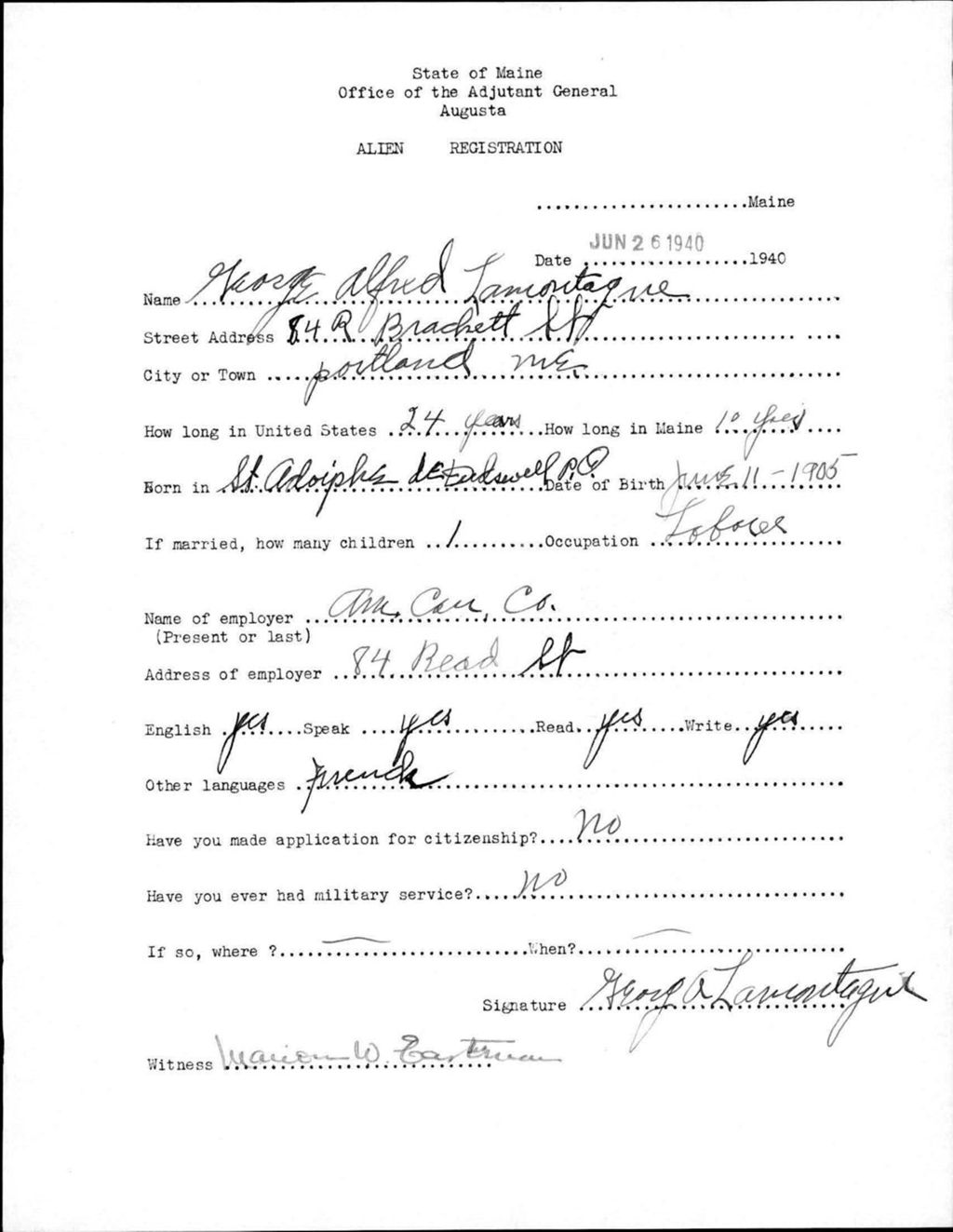 Miniature of Alien Registration- Lamontagne, George A. (Portland, Cumberland County)