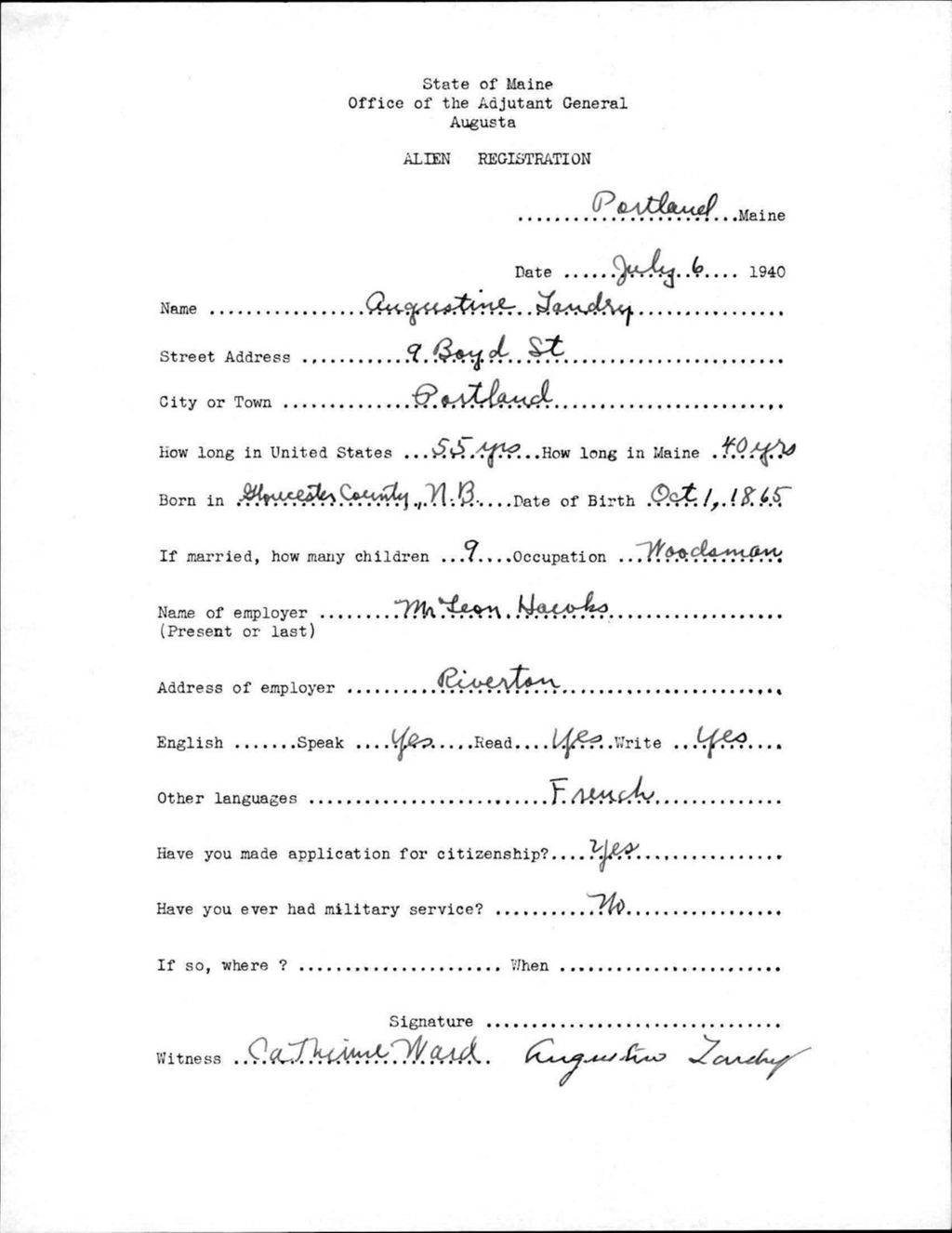 Miniature of Alien Registration- Landry, Augustine (Portland, Cumberland County)