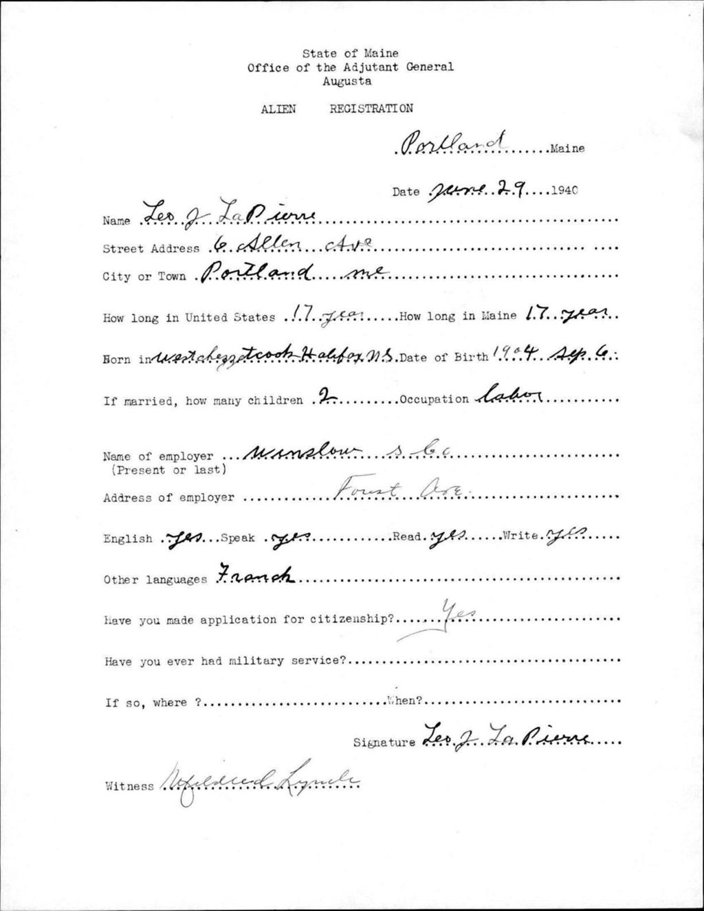 Miniature of Alien Registration- La Pierre, Leo J. (Portland, Cumberland County)