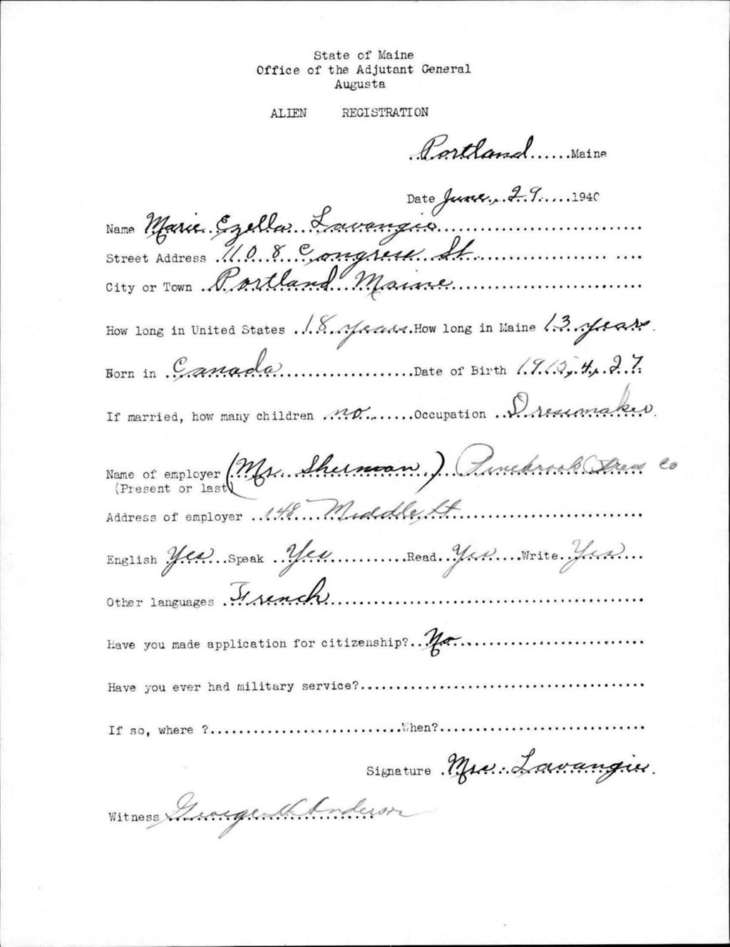 Miniature of Alien Registration- Lavangie, Marie E. (Portland, Cumberland County)