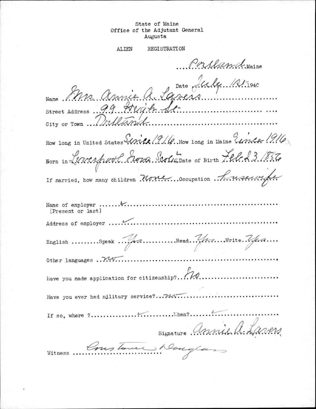 Miniature of Alien Registration- Lavers, Annie A. (Portland, Cumberland County)