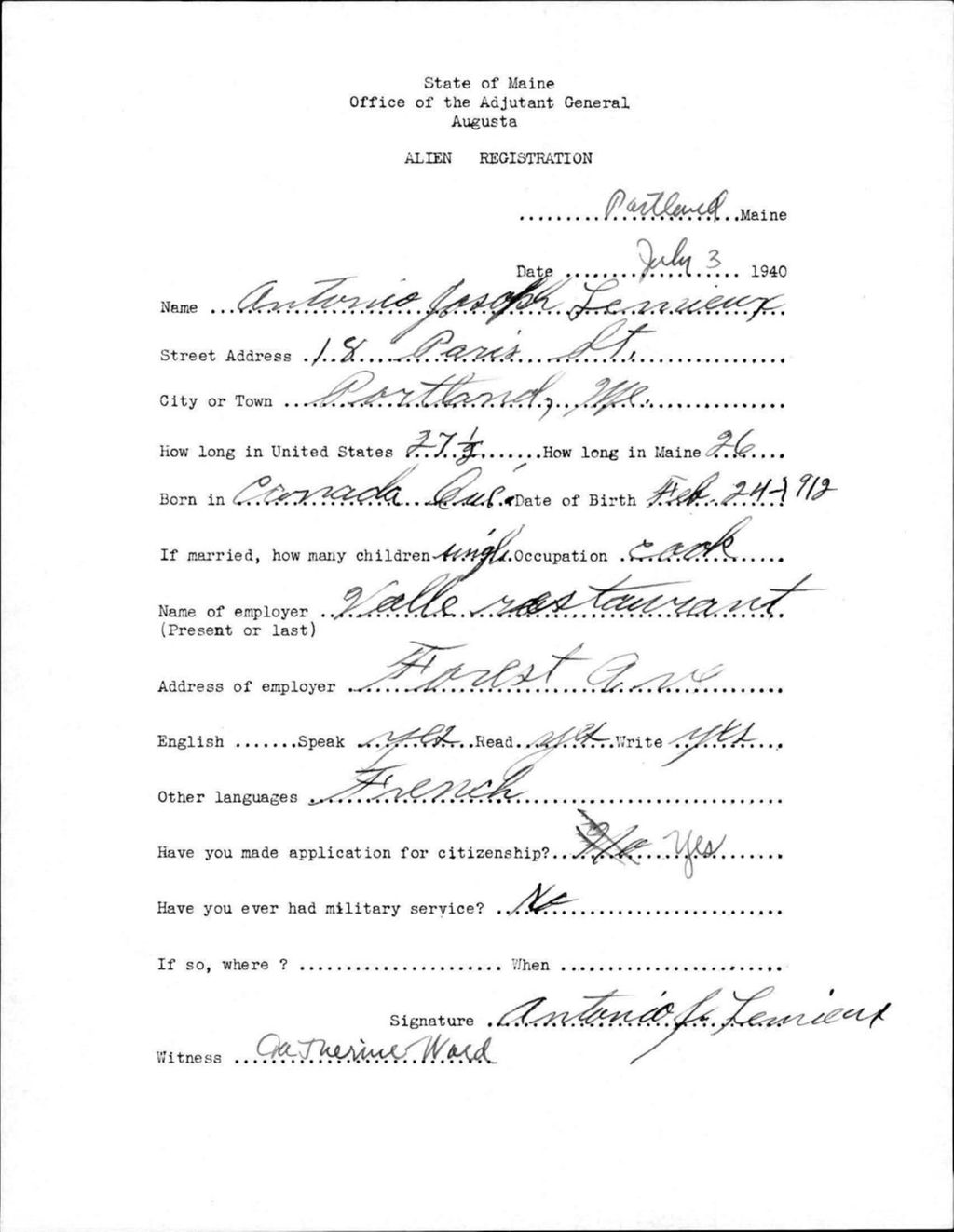 Miniature of Alien Registration- Lemieux, Antonio J. (Portland, Cumberland County)