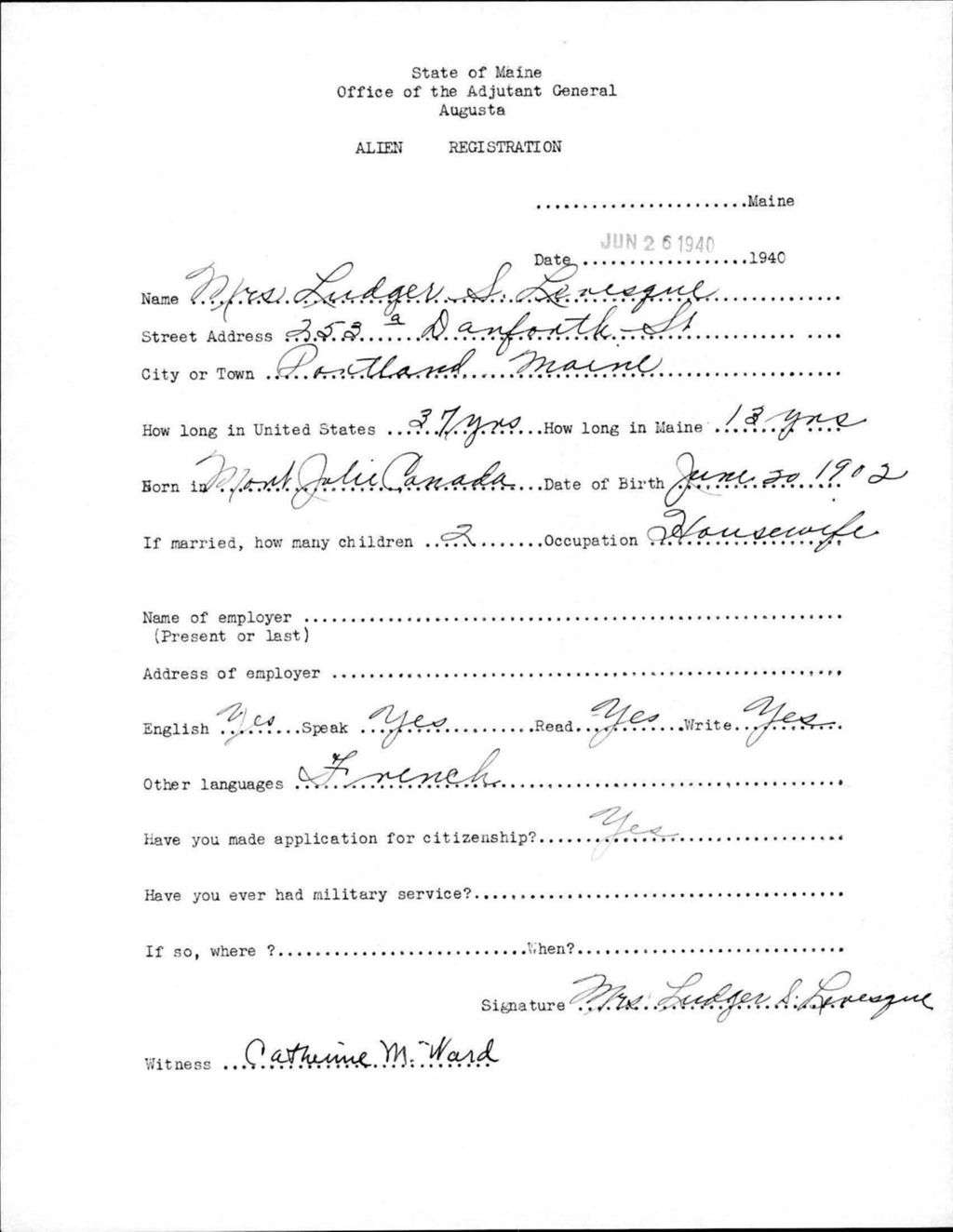 Miniature of Alien Registration- Levesque, Ludger S. (Portland, Cumberland County)
