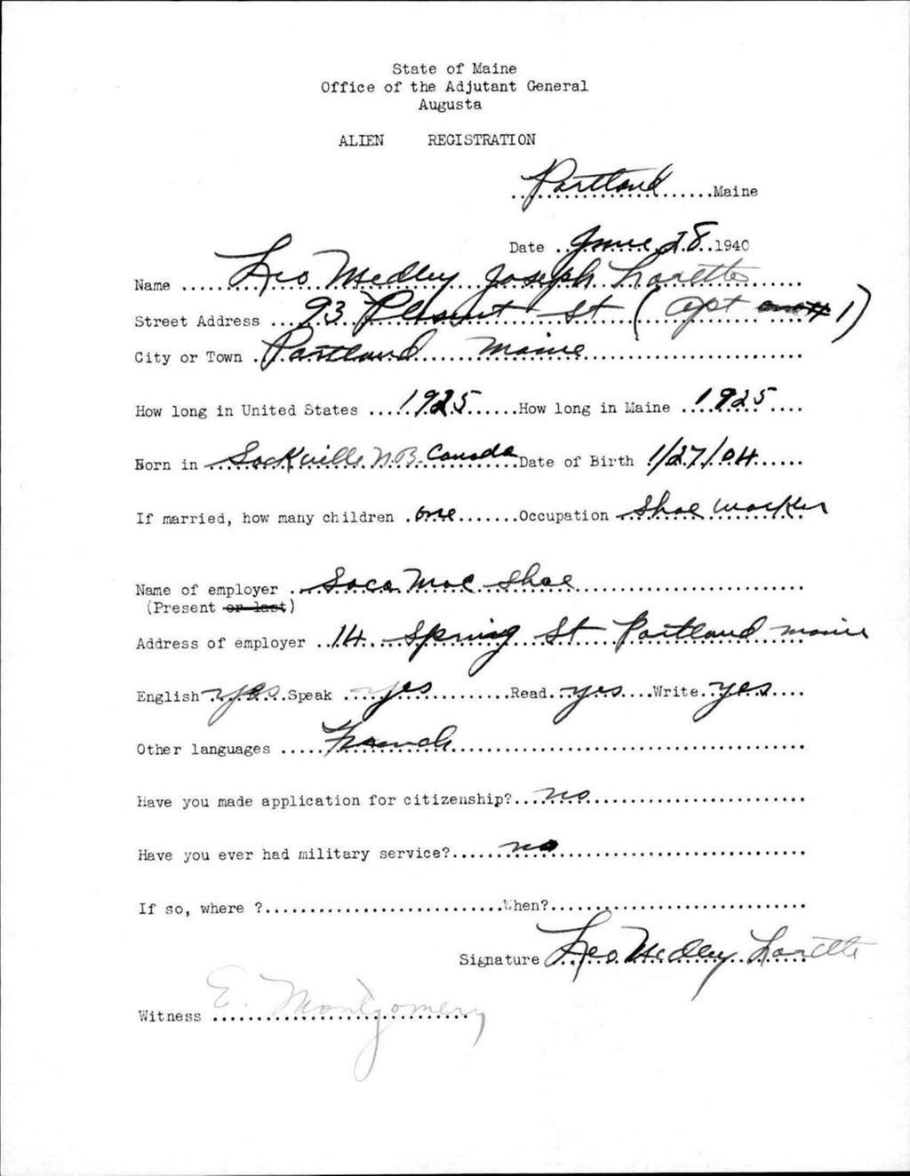 Miniature of Alien Registration- Lorette, Leo Medley J. (Portland, Cumberland County)