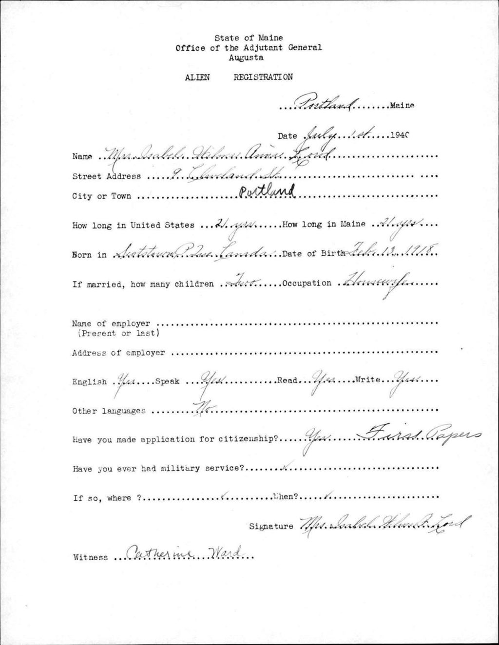Miniature of Alien Registration- Lord, Isabel Wilma A. (Portland, Cumberland County)