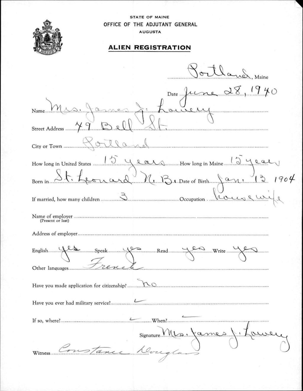 Miniature of Alien Registration- Lowery, James J. (Portland, Cumberland County)