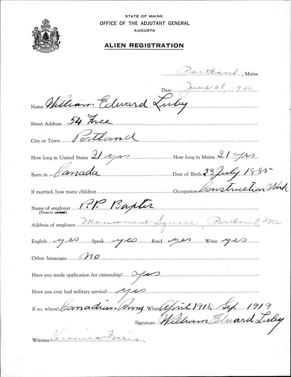 Miniature of Alien Registration- Luby, William E. (Portland, Cumberland County)
