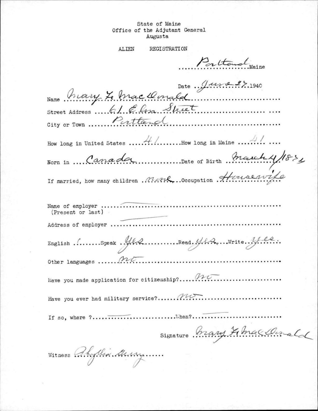 Miniature of Alien Registration- Macdonald, Mary F. (Portland, Cumberland County)