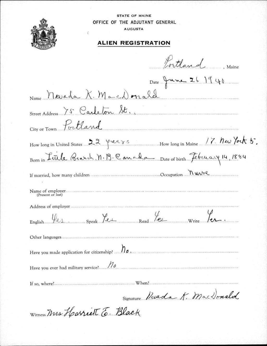 Miniature of Alien Registration- Macdonald, Nevada K. (Portland, Cumberland County)