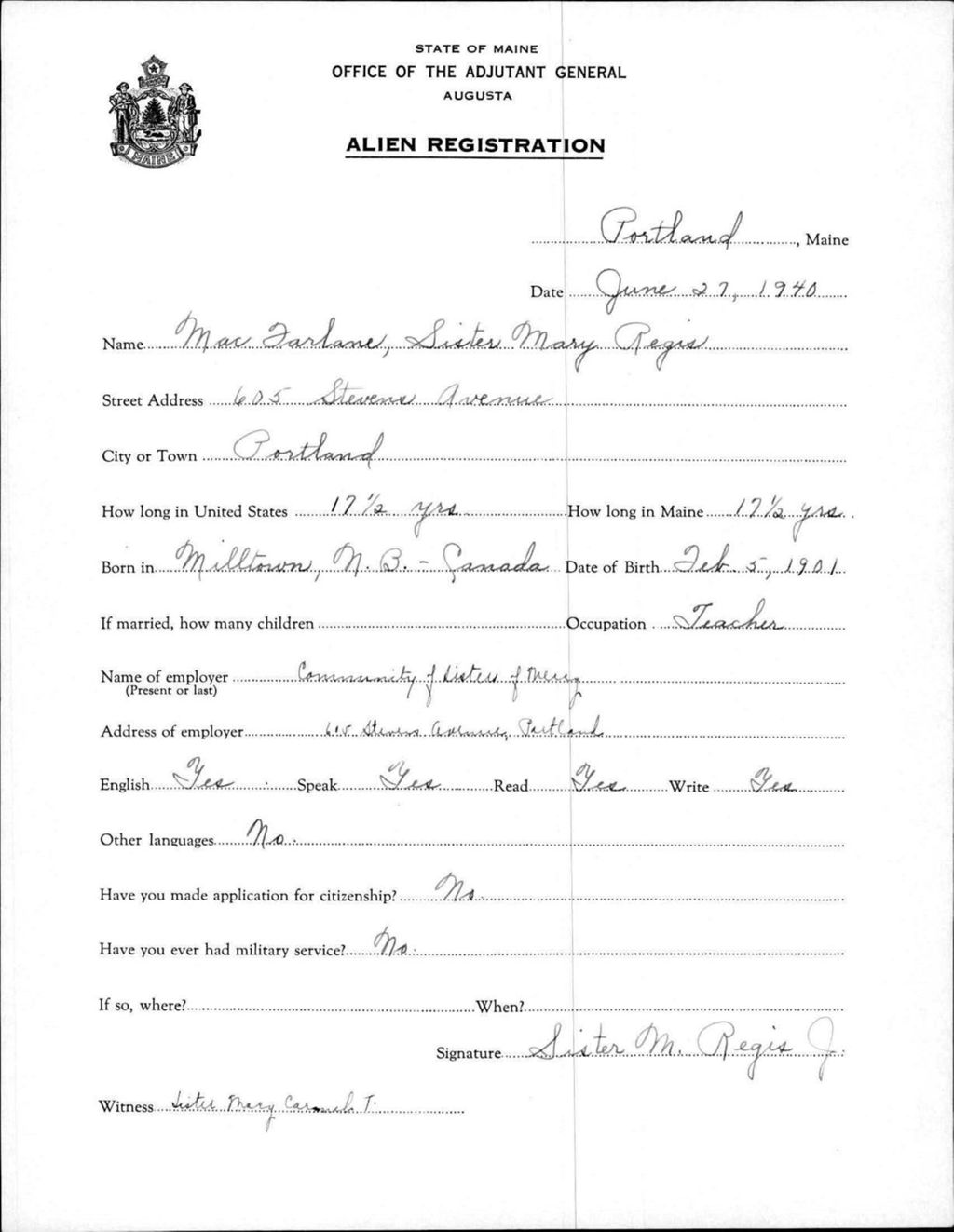 Miniature of Alien Registration- Macfarlane, Sister Mary Regis (Portland, Cumberland County)