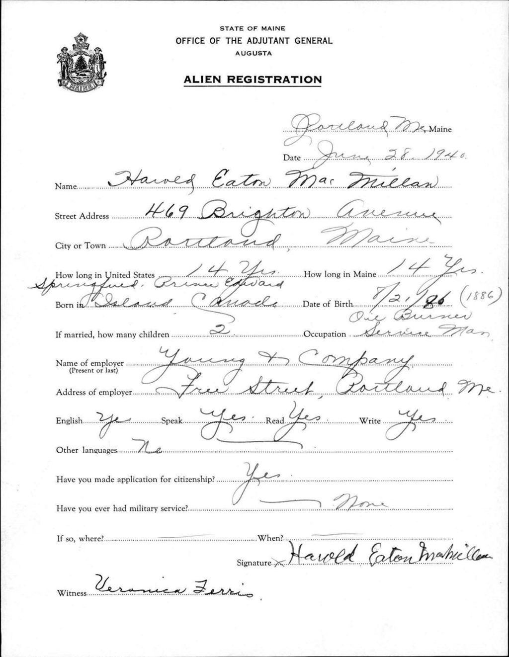 Miniature of Alien Registration- Macmillan, Harold E. (Portland, Cumberland County)