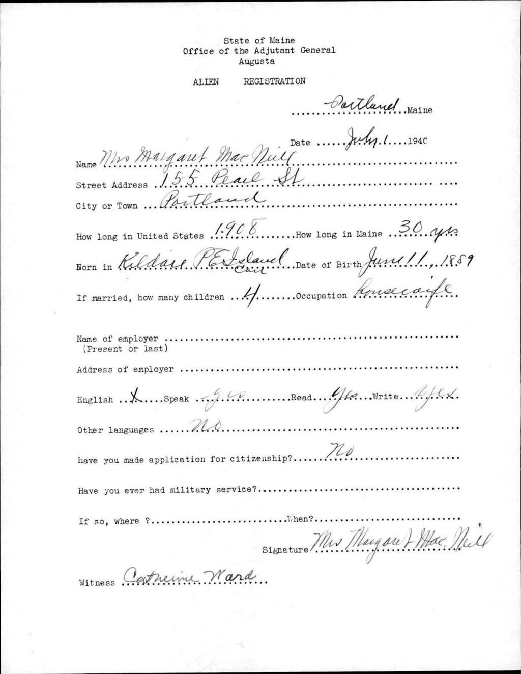 Miniature of Alien Registration- Macneill, Margaret (Portland, Cumberland County)