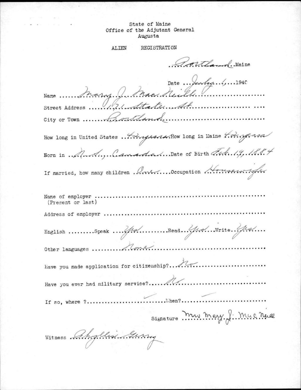 Miniature of Alien Registration- Macneill, Mary J. (Portland, Cumberland County)