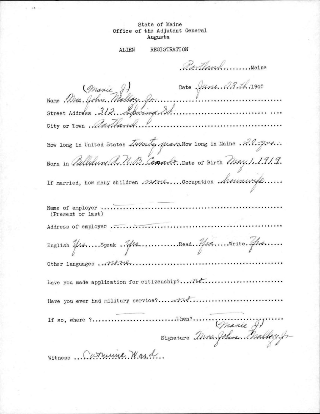 Miniature of Alien Registration- Mallory, Marie J. (Portland, Cumberland County)