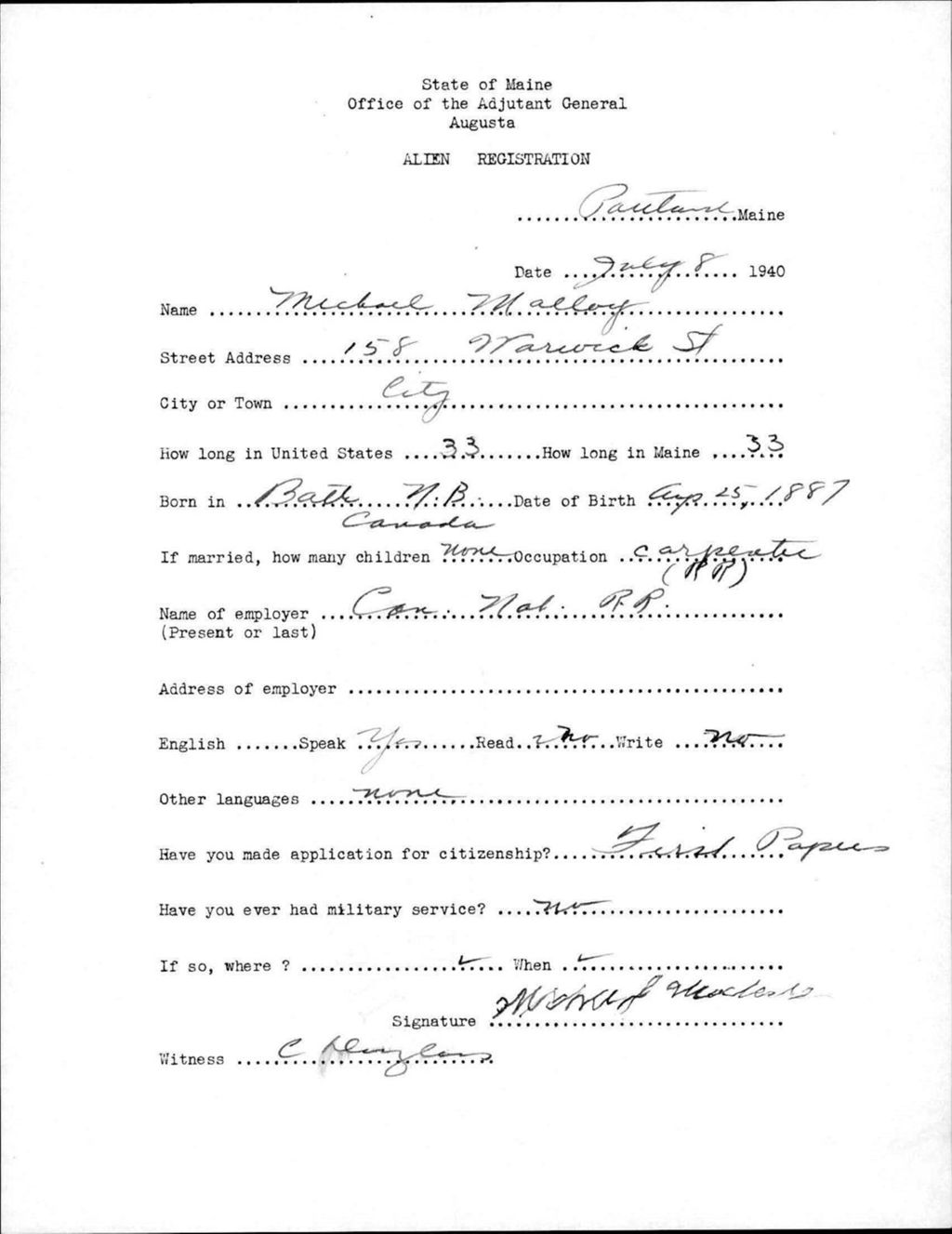 Miniature of Alien Registration- Malloy, Michael (Portland, Cumberland County)
