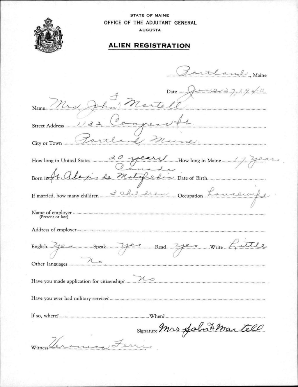 Miniature of Alien Registration- Martell, John F. (Portland, Cumberland County)