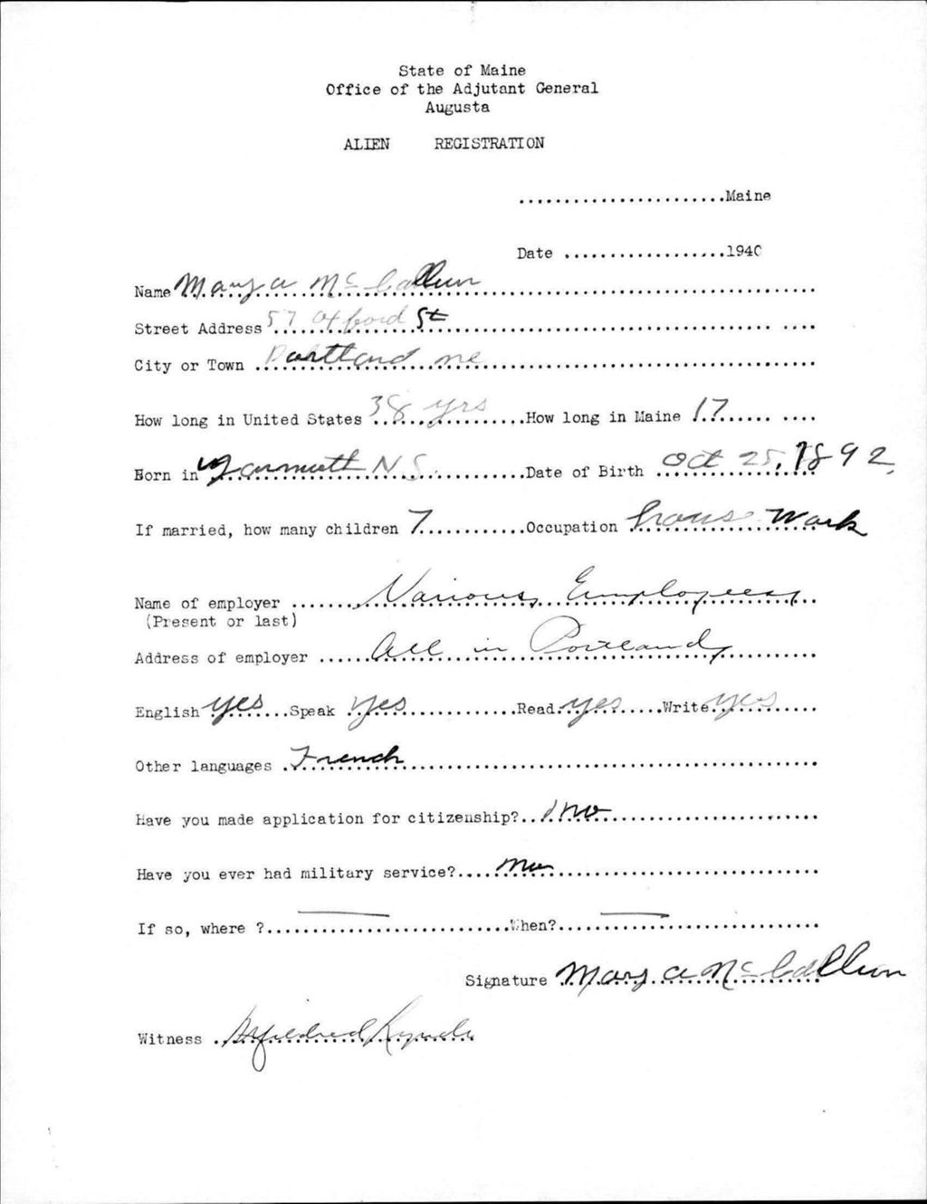 Miniature of Alien Registration- Mccallum, Mary A. (Portland, Cumberland County)