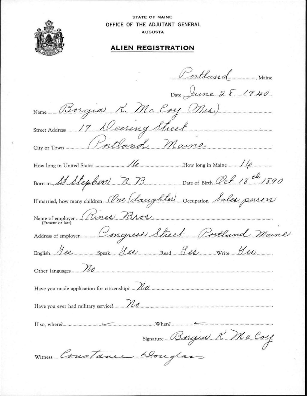Miniature of Alien Registration- Mccoy, Borgia K. (Portland, Cumberland County)