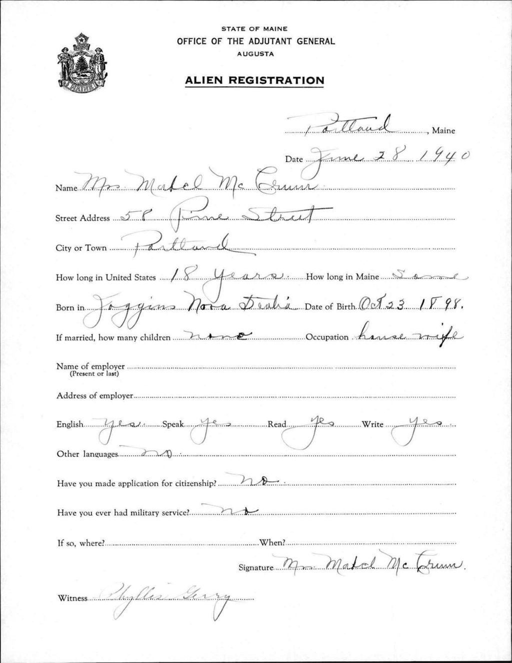 Miniature of Alien Registration- Mccrum, Mabel (Portland, Cumberland County)