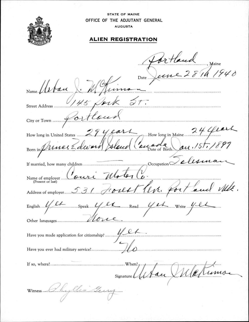 Miniature of Alien Registration- Mckinnon, Urban J. (Portland, Cumberland County)