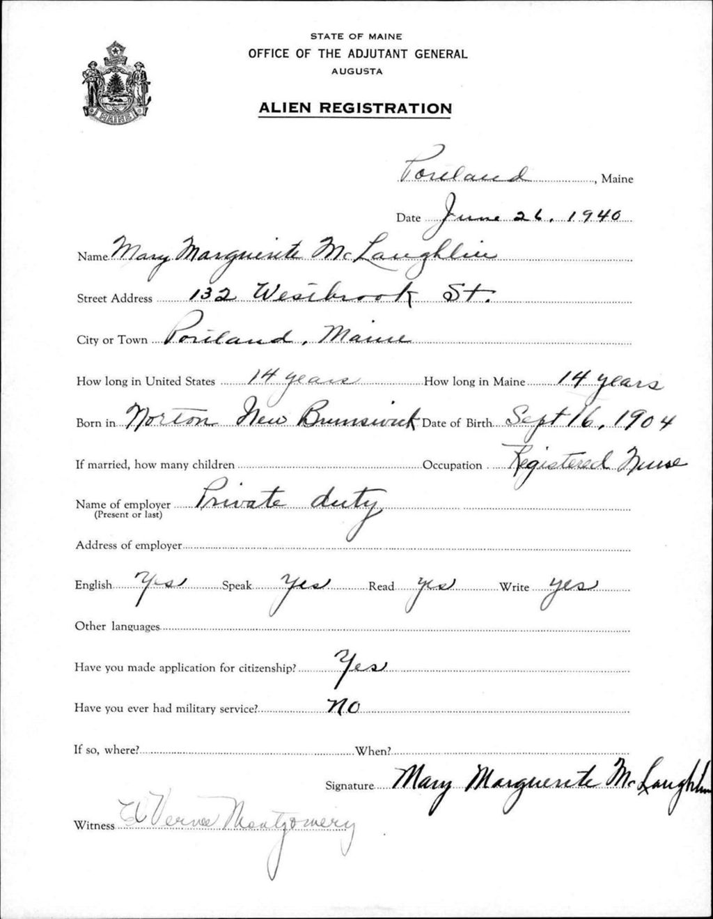 Miniature of Alien Registration- Mclaughlin, Mary M. (Portland, Cumberland County)