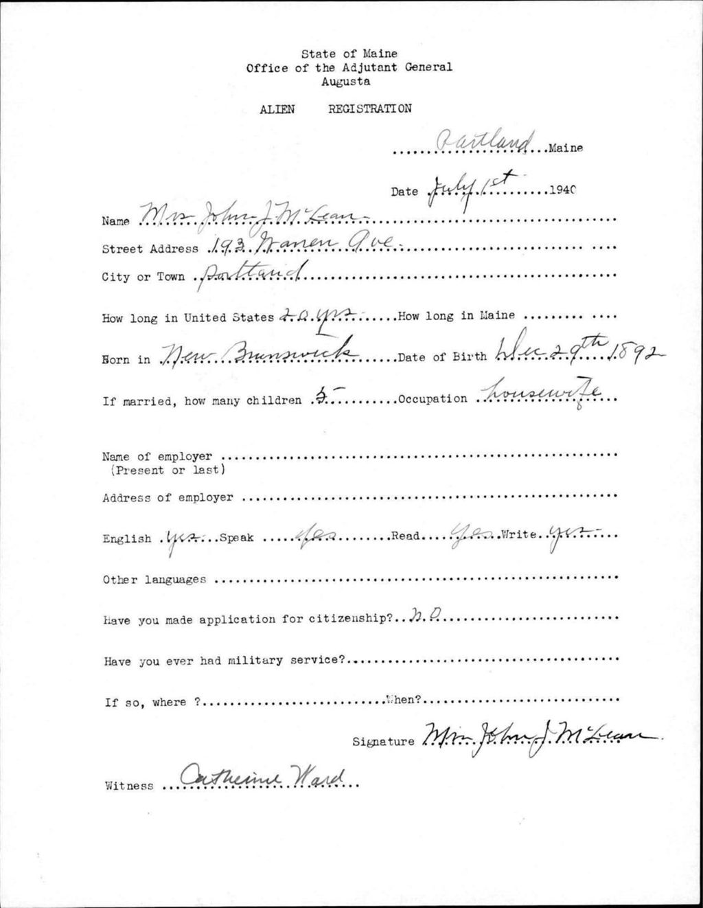 Miniature of Alien Registration- Mclean, John J. (Portland, Cumberland County)