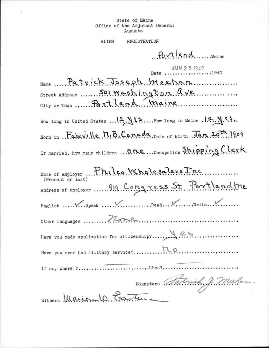 Miniature of Alien Registration- Meehan, Patrick J. (Portland, Cumberland County)