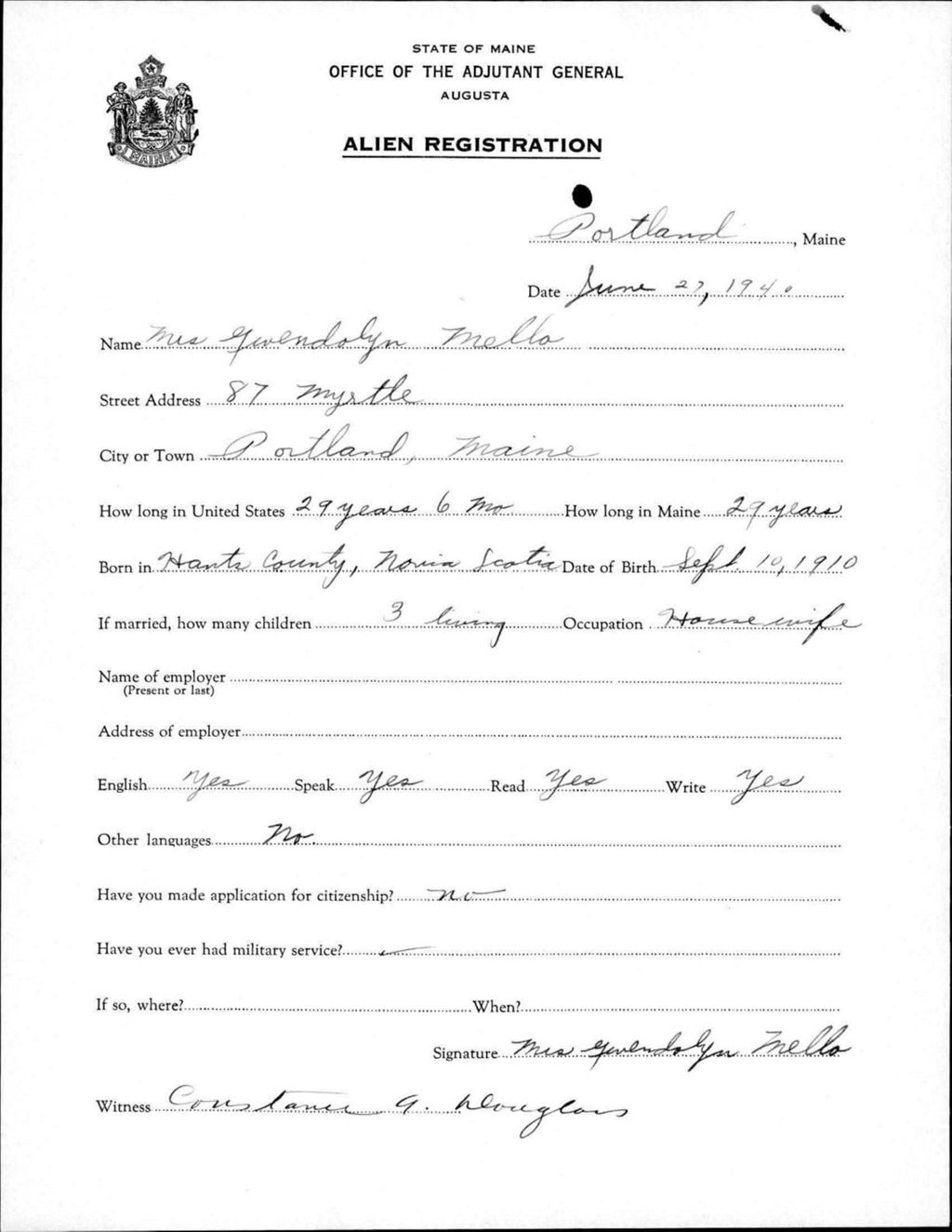 Miniature of Alien Registration- Mello, Gwendolyn (Portland, Cumberland County)