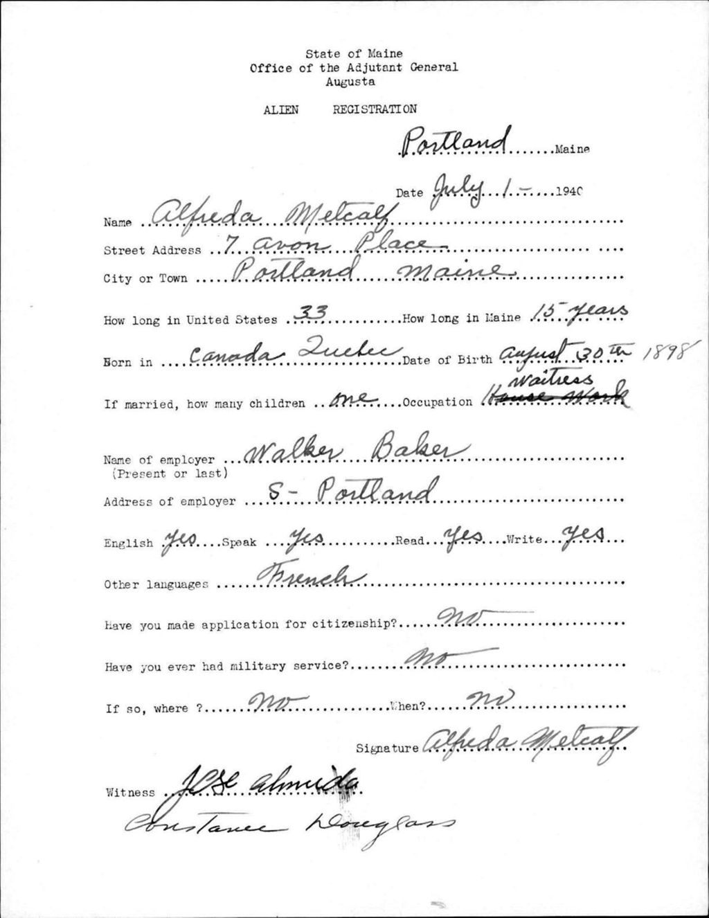 Miniature of Alien Registration- Metcalf, Alfreda (Portland, Cumberland County)