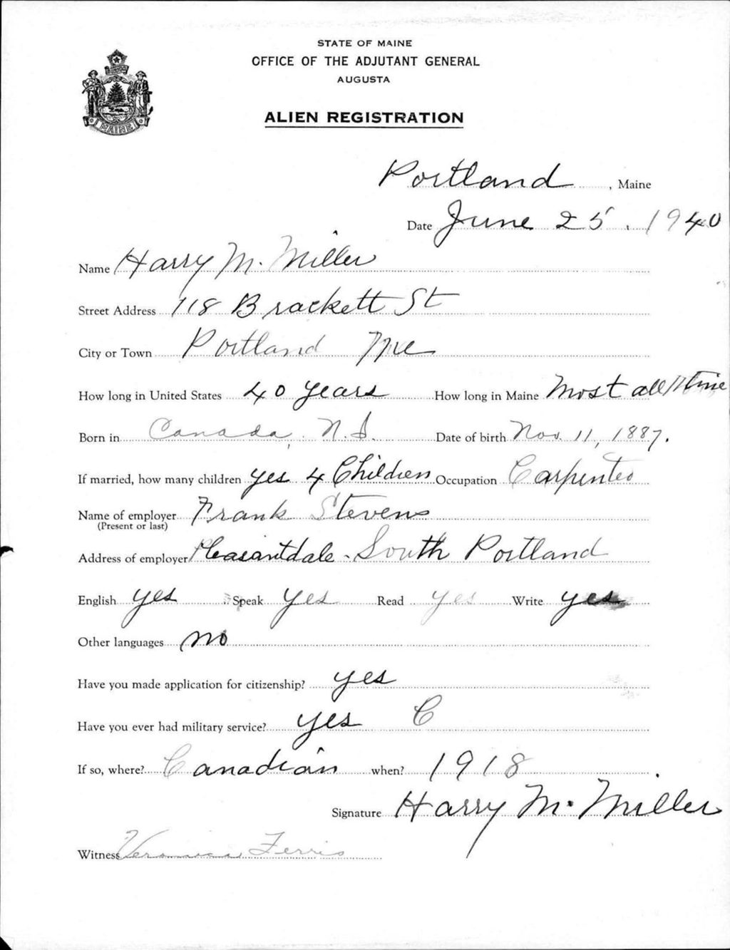 Miniature of Alien Registration- Miller, Harry M. (Portland, Cumberland County)